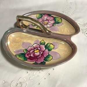 Lusterware Floral Serving Dish, Hand-Painted, Gold Trim, Divided Porcelain Dish